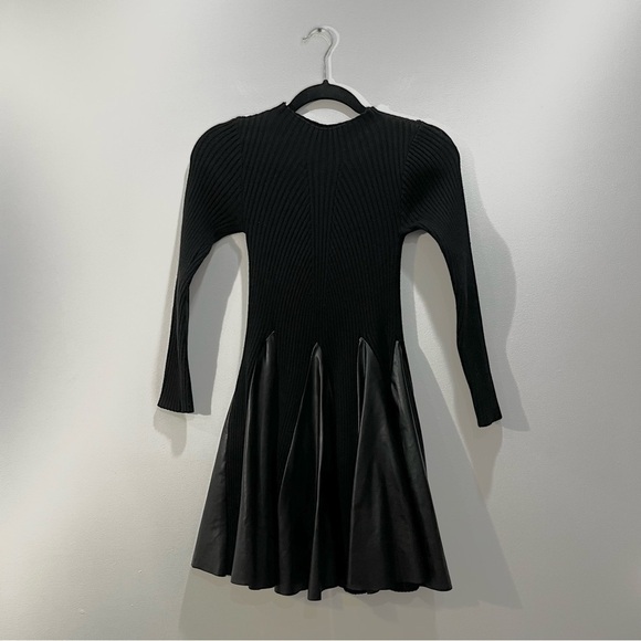 Black Mock Neck Rib Knit Stretch Long Sleeve A Line Faux Leather Mini Dress - Picture 4 of 7